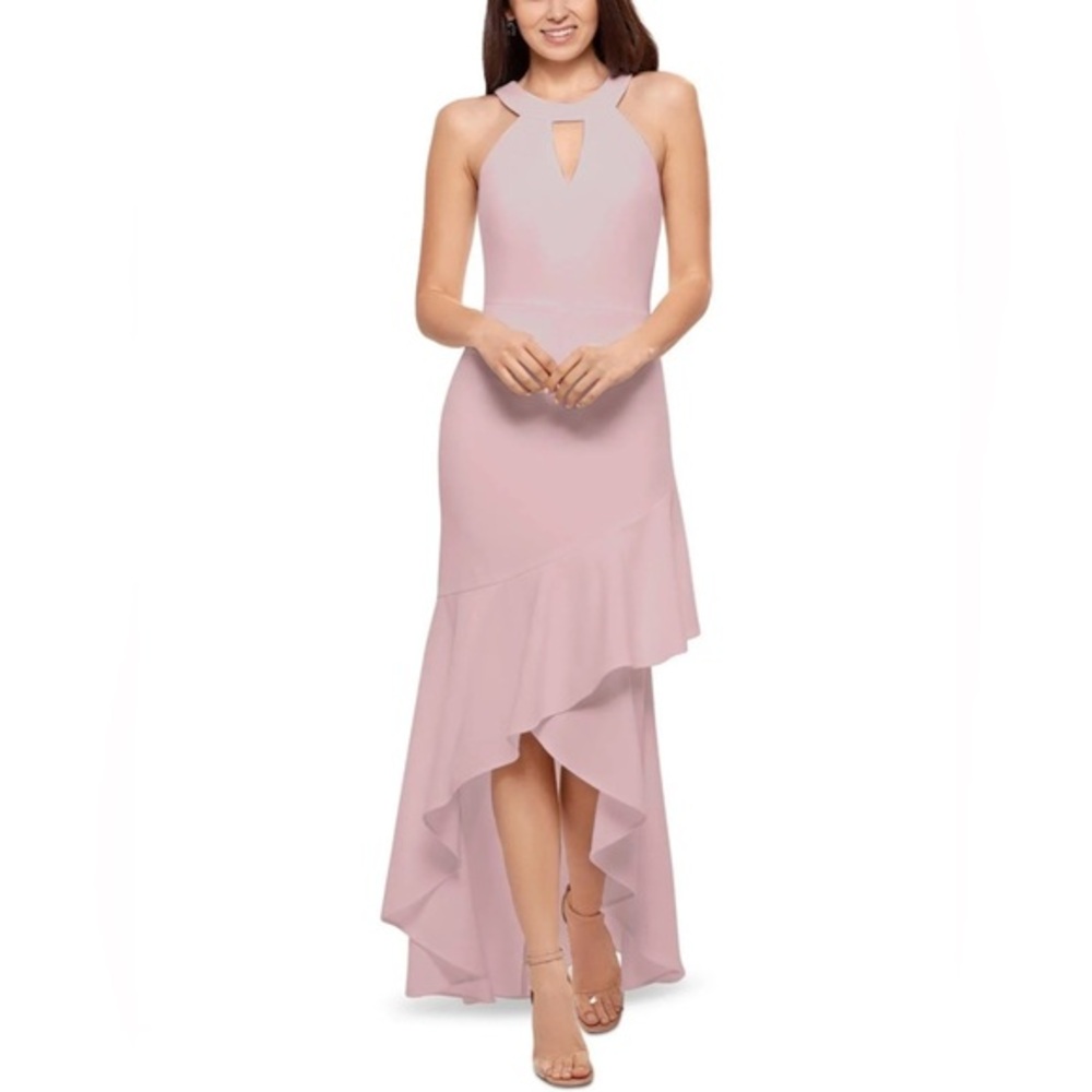 Betsy & Adam Womens Halter Ruffled Evening Dress Gown High Low Size 4 Pink